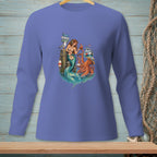 Mermaid and octopus on a pier with signs for Marina, Tides & Tunes, and Fresh Catch.