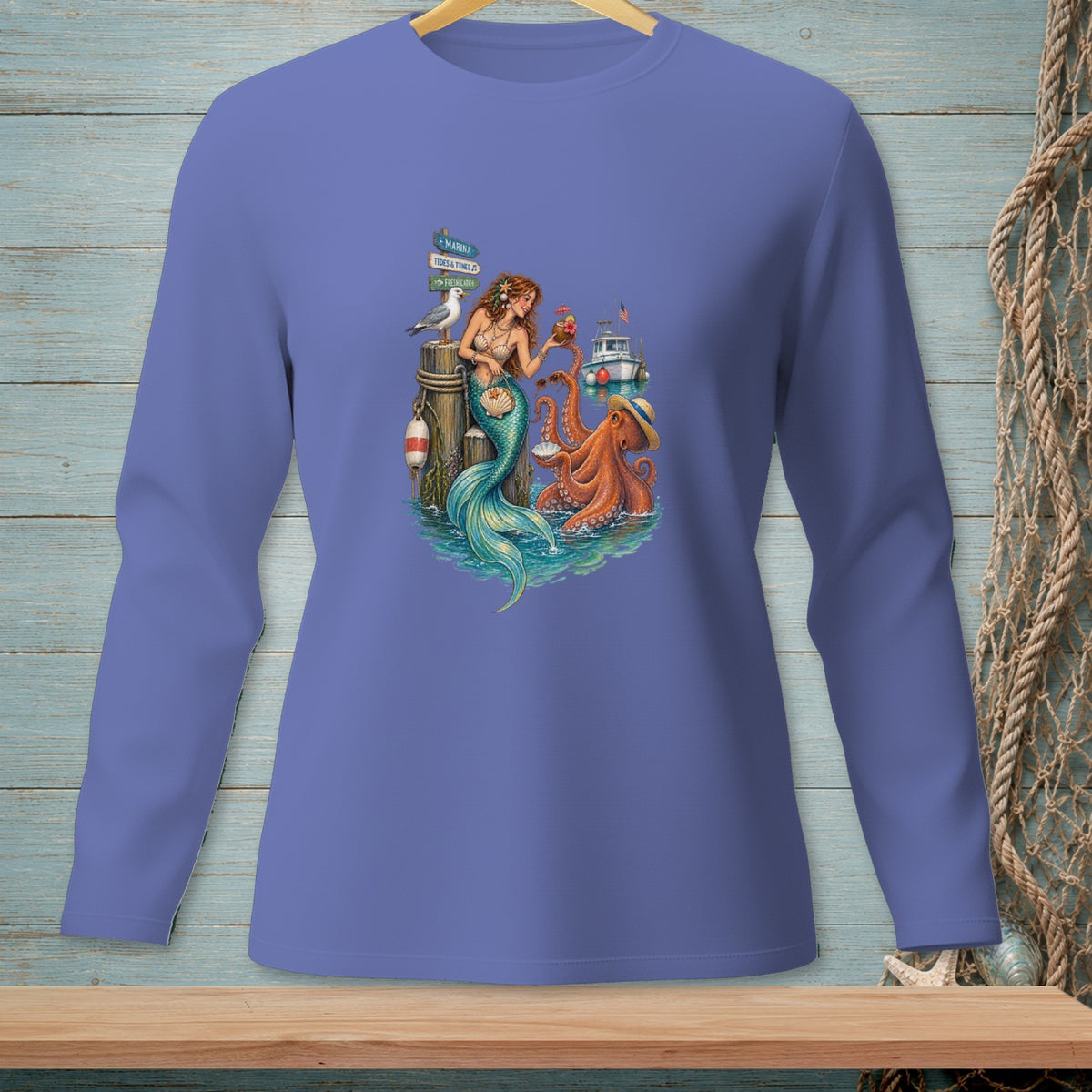Mermaid and octopus on a pier with signs for Marina, Tides & Tunes, and Fresh Catch.