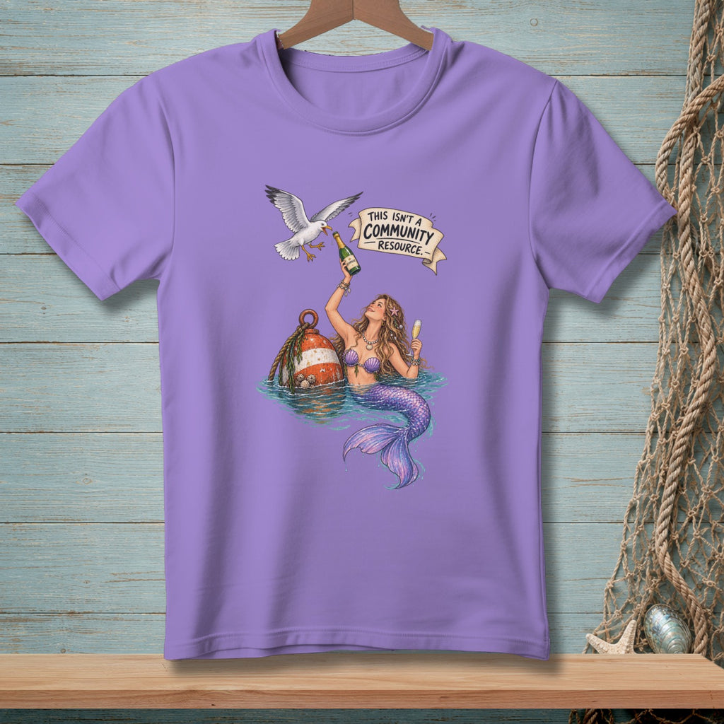 Mermaid holding champagne, seagull with bottle, and buoy with text "THIS ISN'T A COMMUNITY RESOURCE."