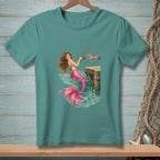 Illustration of a mermaid with a pink tail fishing from a wooden pier.