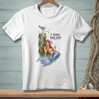 Mermaid with pink umbrella and drink, seagull on post, text "I KNOW YOUR KIND."