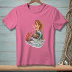 Pink t-shirt with illustration of a mermaid holding a pearl next to a lobster.