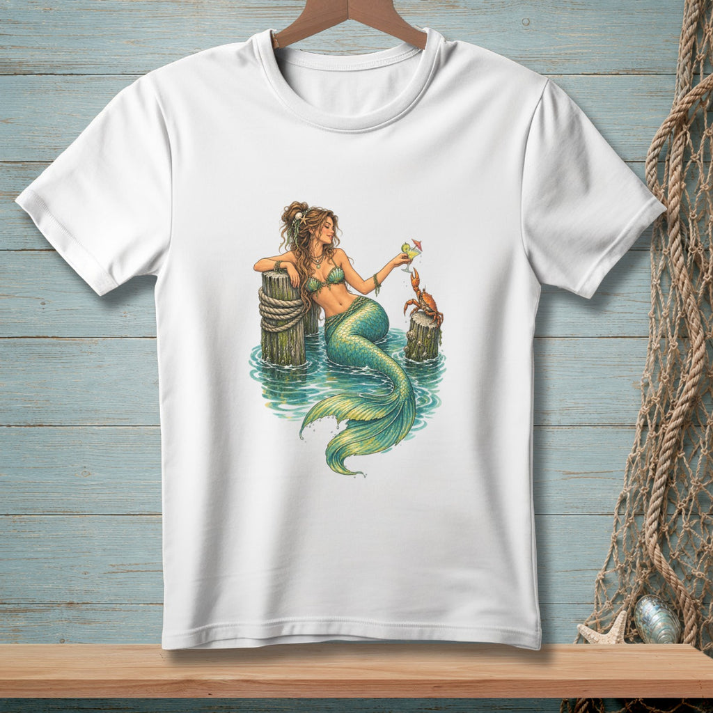 Mermaid with crab and drink sitting on dock pilings in water.