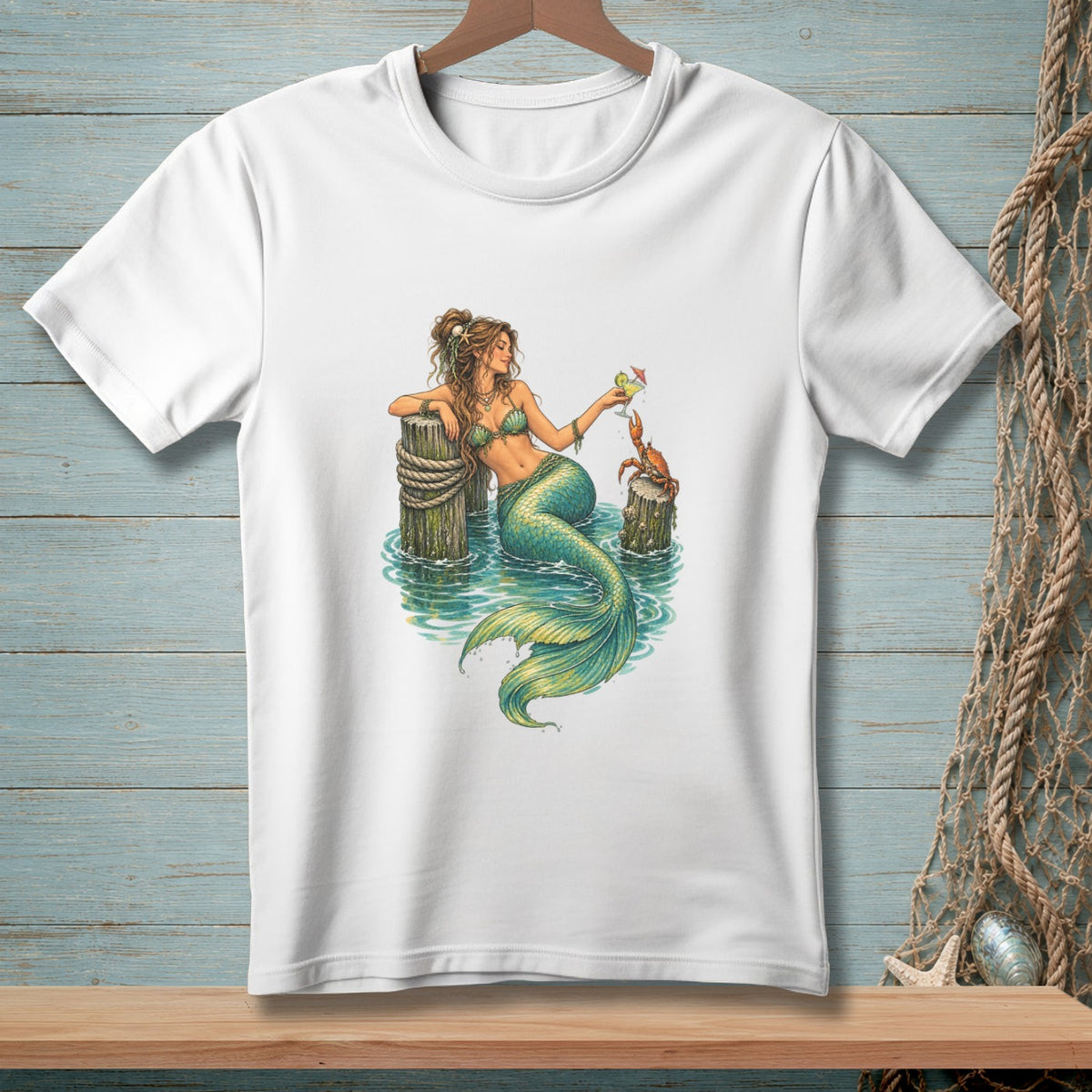Mermaid with crab and drink sitting on dock pilings in water.