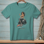 Teal t-shirt with a mermaid holding a cocktail and text "Salty On Purpose".