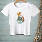 White t-shirt with a mermaid, lobster, and seashells graphic.