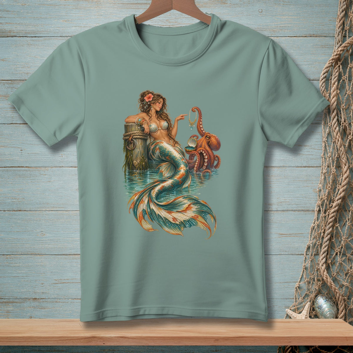 Mermaid showing necklace to octopus by a wooden post in water.