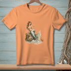 Mermaid sitting on a rock with a drink, a crab holds a "Be Nice" sign.