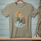 Blonde mermaid holding a pearl next to a lobster on a rock.