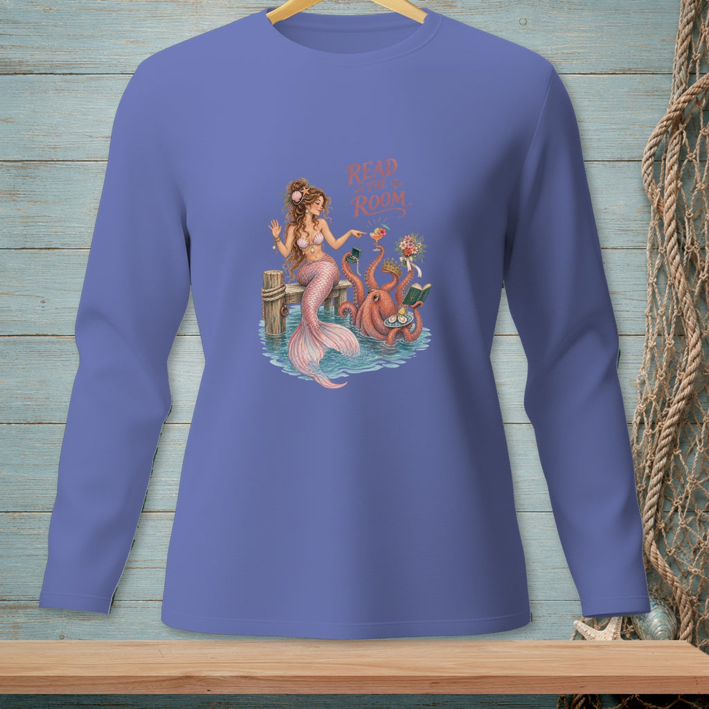 Mermaid and octopus reading books with text "Read In The Room" on a blue shirt.