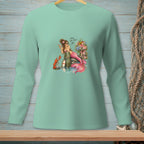 Teal long-sleeve shirt with a mermaid, lobster, and flowers graphic.