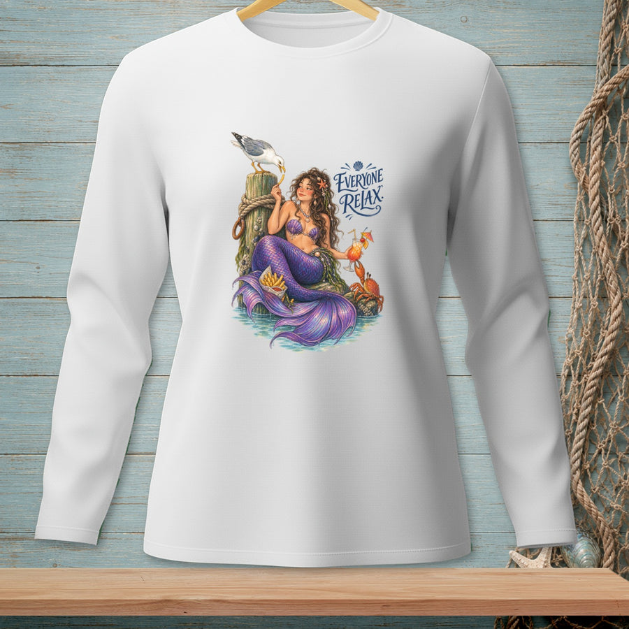 Mermaid with purple tail, drinks, and French fries on dock, text "EVERYONE RELAX".