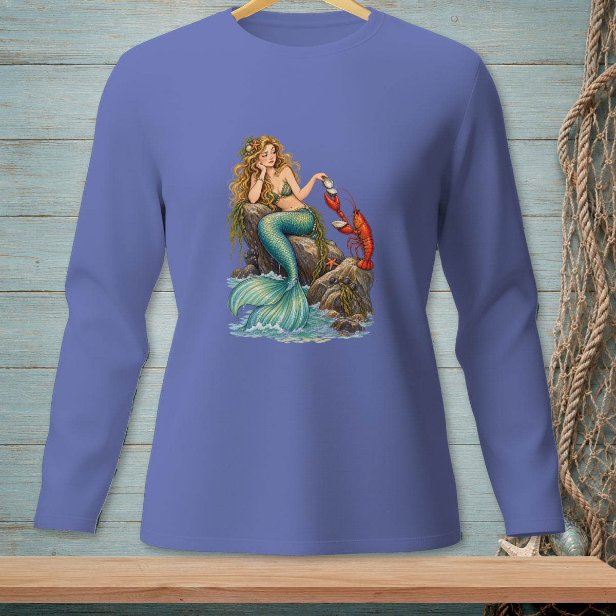 Illustration of a mermaid holding a lobster on a rock with waves.