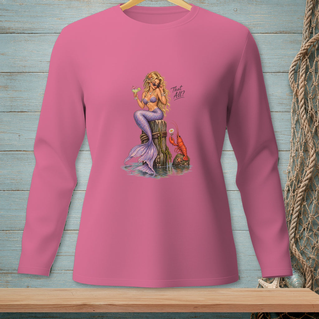 Pink long sleeve shirt with mermaid, lobster, and text "That All?".