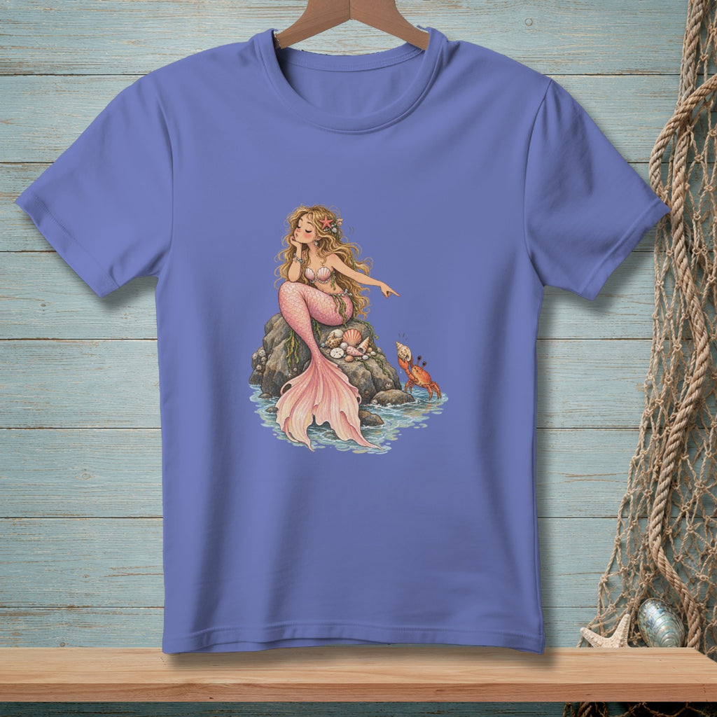 Illustration of a mermaid sitting on a rock with a crab nearby.