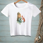 White t-shirt with a graphic of a mermaid and lobster on a pier.