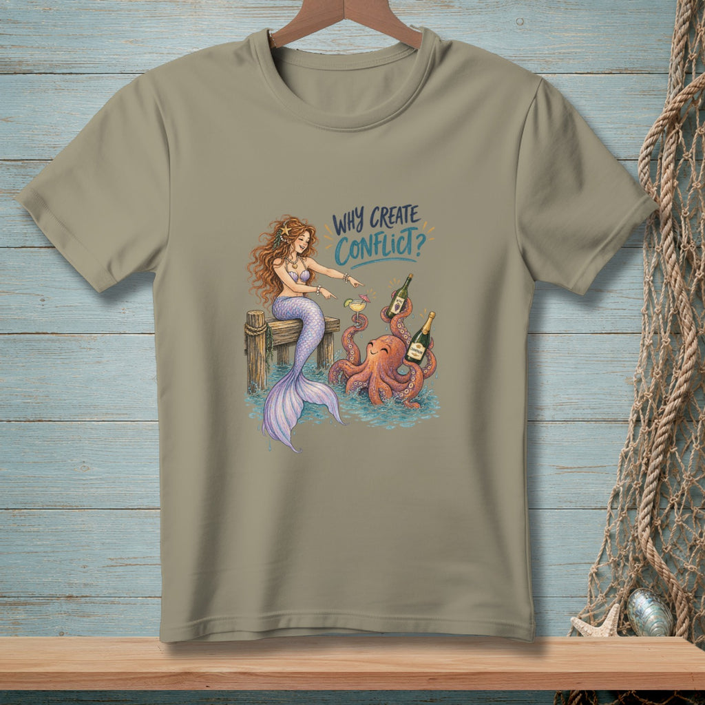 Mermaid and octopus sharing drinks with text "Why Create Conflict?".