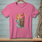 Mermaid with a lobster holding a bottle of rum on a wooden post.