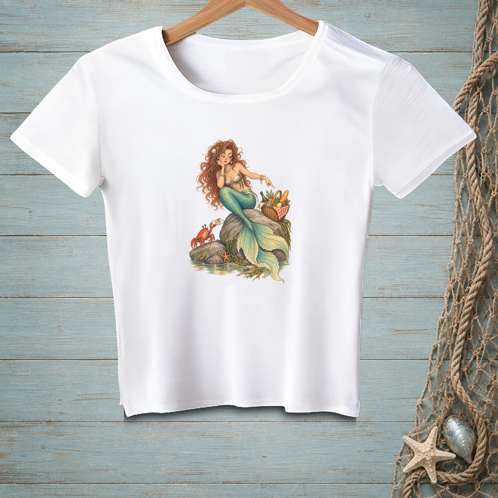 White t-shirt with a graphic of a mermaid on a rock with a crab and picnic basket.