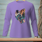 Purple long sleeve shirt with a graphic of a mermaid holding a bottle on a boat.