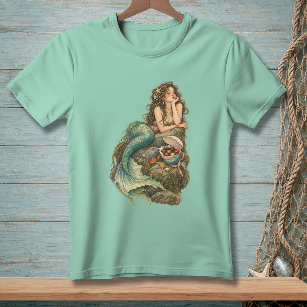 Mermaid resting on rocks with a treasure chest of pearls and shells.