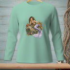 Green long-sleeve shirt with a whimsical mermaid sitting on rocks with a crab and picnic basket.