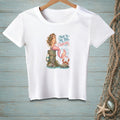 White t-shirt with mermaid, crab, and text "Talk to the tail, crabcake."