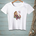White t-shirt with a mermaid and lobster graphic with text "DON'T STOP NOW."