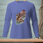 Long sleeve shirt featuring two mermaids with ornate tails on rocks near water.