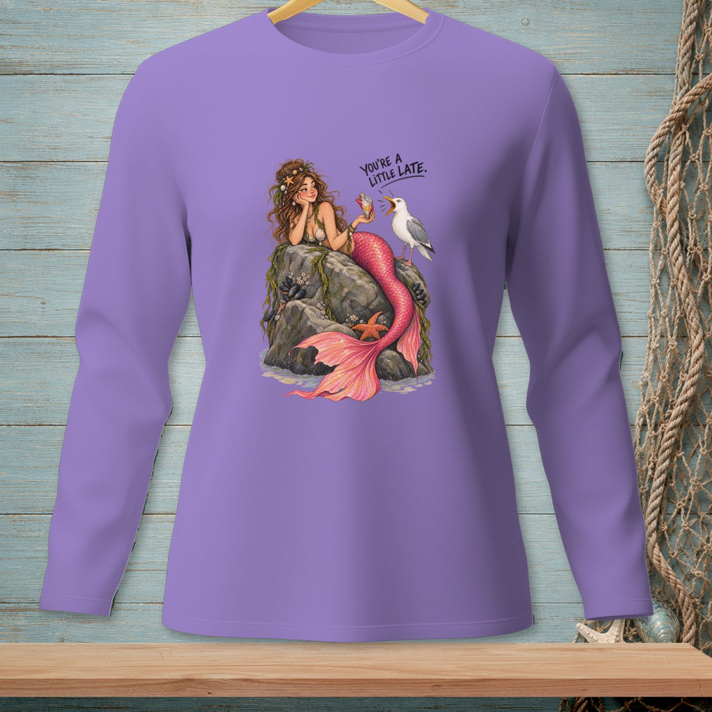 Purple long-sleeve shirt with a mermaid sitting on rocks holding ice cream, with a seagull.