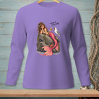 Purple long-sleeve shirt with a mermaid sitting on rocks holding ice cream, with a seagull.