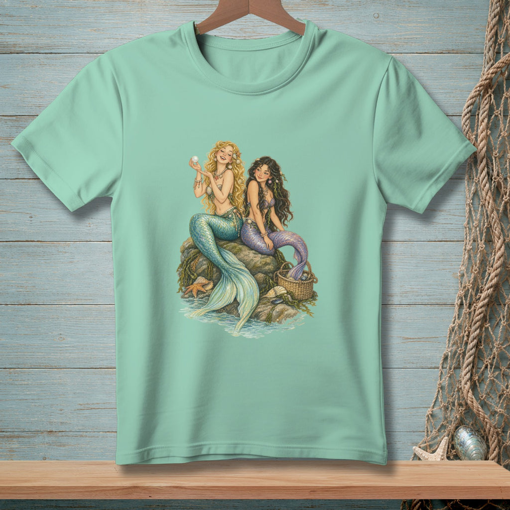Two mermaids with colorful tails sit on rocks with a pearl and a basket.