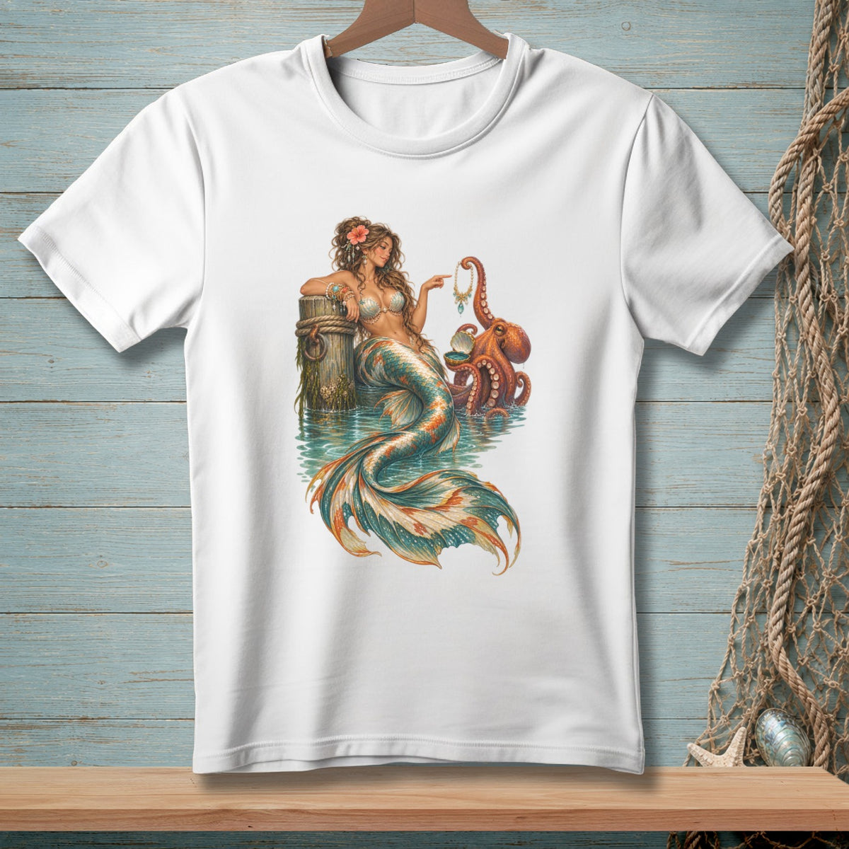 White t-shirt with graphic of a mermaid and octopus holding jewelry.