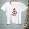 White t-shirt with a mermaid, buoy, and crab graphic.