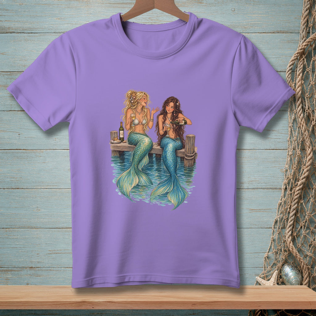 Two mermaids with teal tails sit on a dock, drinking wine by the water.