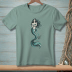 T-shirt with a teal mermaid illustration and the text "ABSOLUTELY NOT."