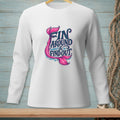 White long-sleeve shirt with pink and blue text and mermaid tail graphic.