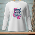 White long-sleeve shirt with pink and blue text and mermaid tail graphic.