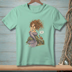 Mermaid sitting on rock with crab, speech bubble says "That's cute."
