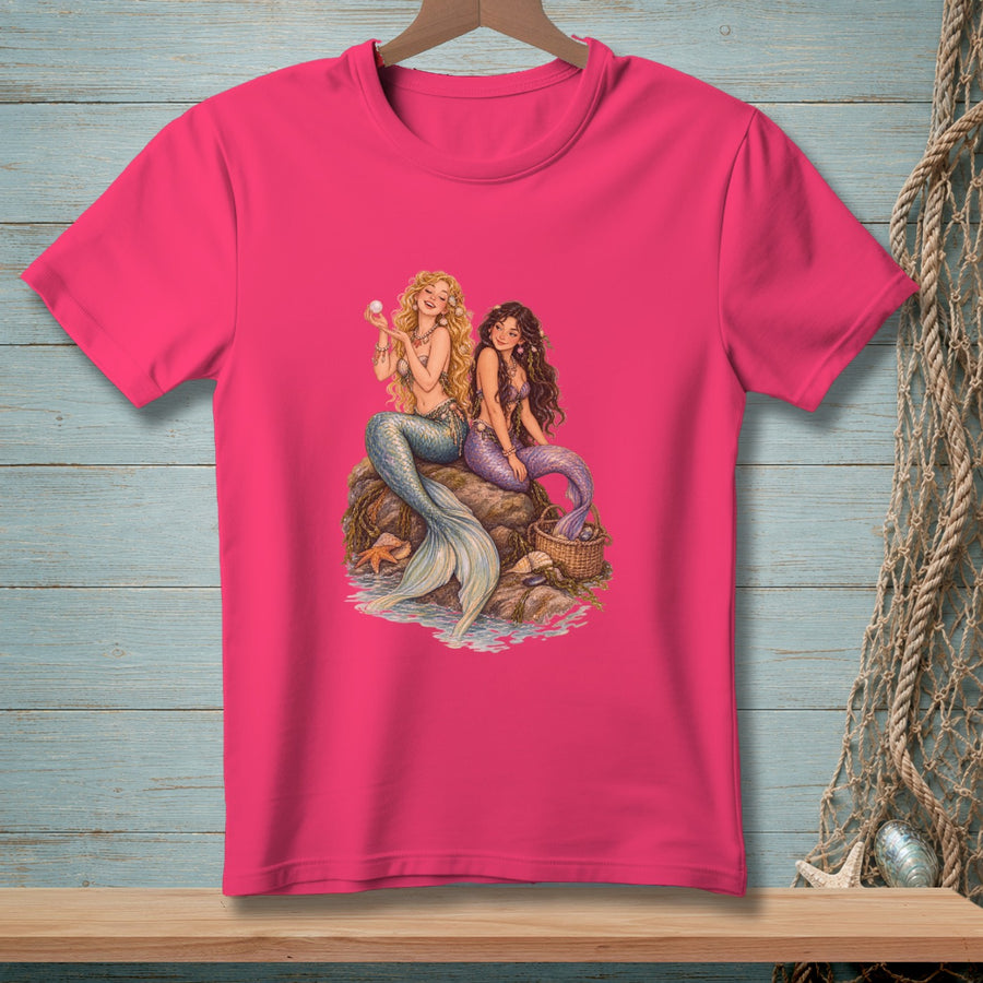 Two mermaids sit on rocks, one holding a pearl, with a woven basket.