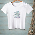 White t-shirt with "High Tide Higher Standards" text and mermaid tail graphic.