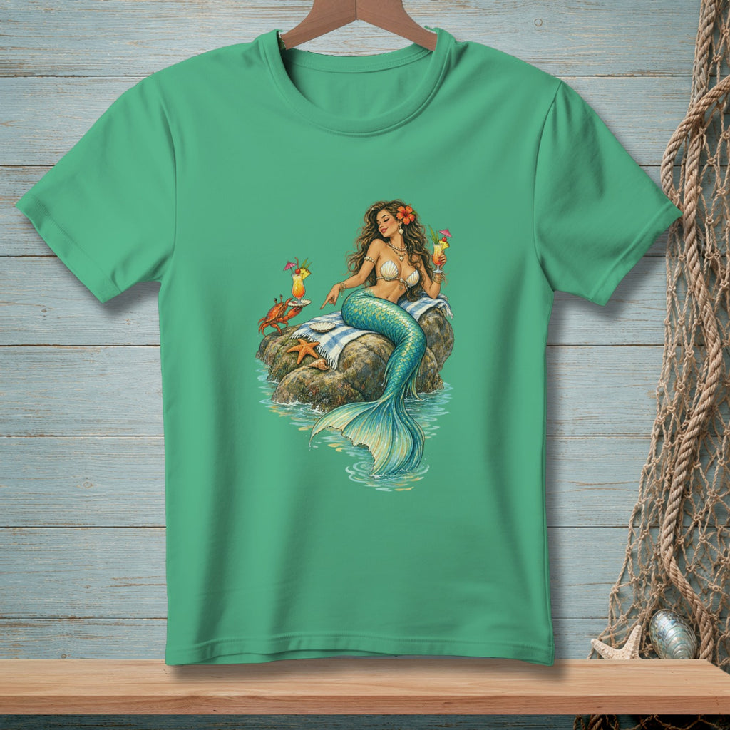 Green t-shirt with a detailed illustration of a mermaid with drinks, crab, and starfish.