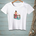 Mermaid sitting on a dock with a crab and floating letters.