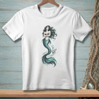 White t-shirt with a mermaid graphic and "ABSOLUTELY NOT." text.
