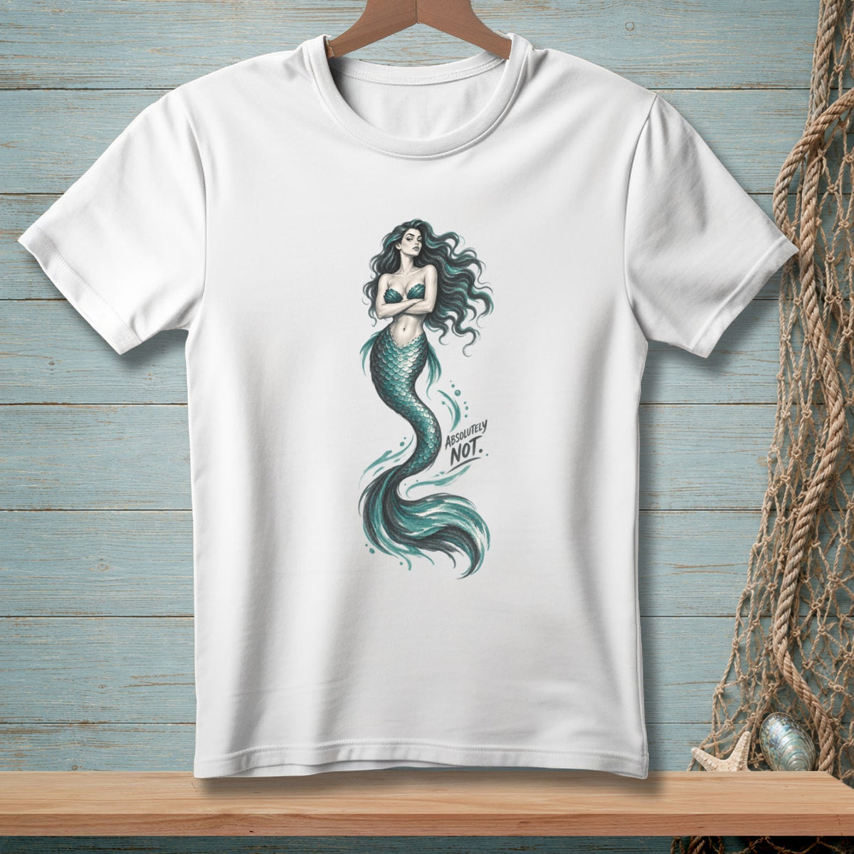 White t-shirt with a mermaid graphic and "ABSOLUTELY NOT." text.