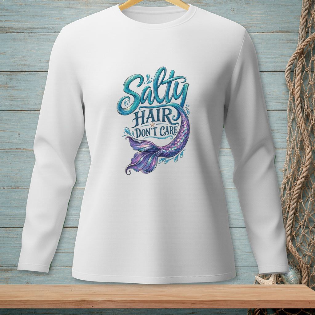 White long sleeve shirt with "Salty Hair Don't Care" text and a mermaid tail.