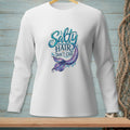 White long sleeve shirt with "Salty Hair Don't Care" text and a mermaid tail.