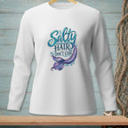 White long sleeve shirt with "Salty Hair Don't Care" text and a mermaid tail.
