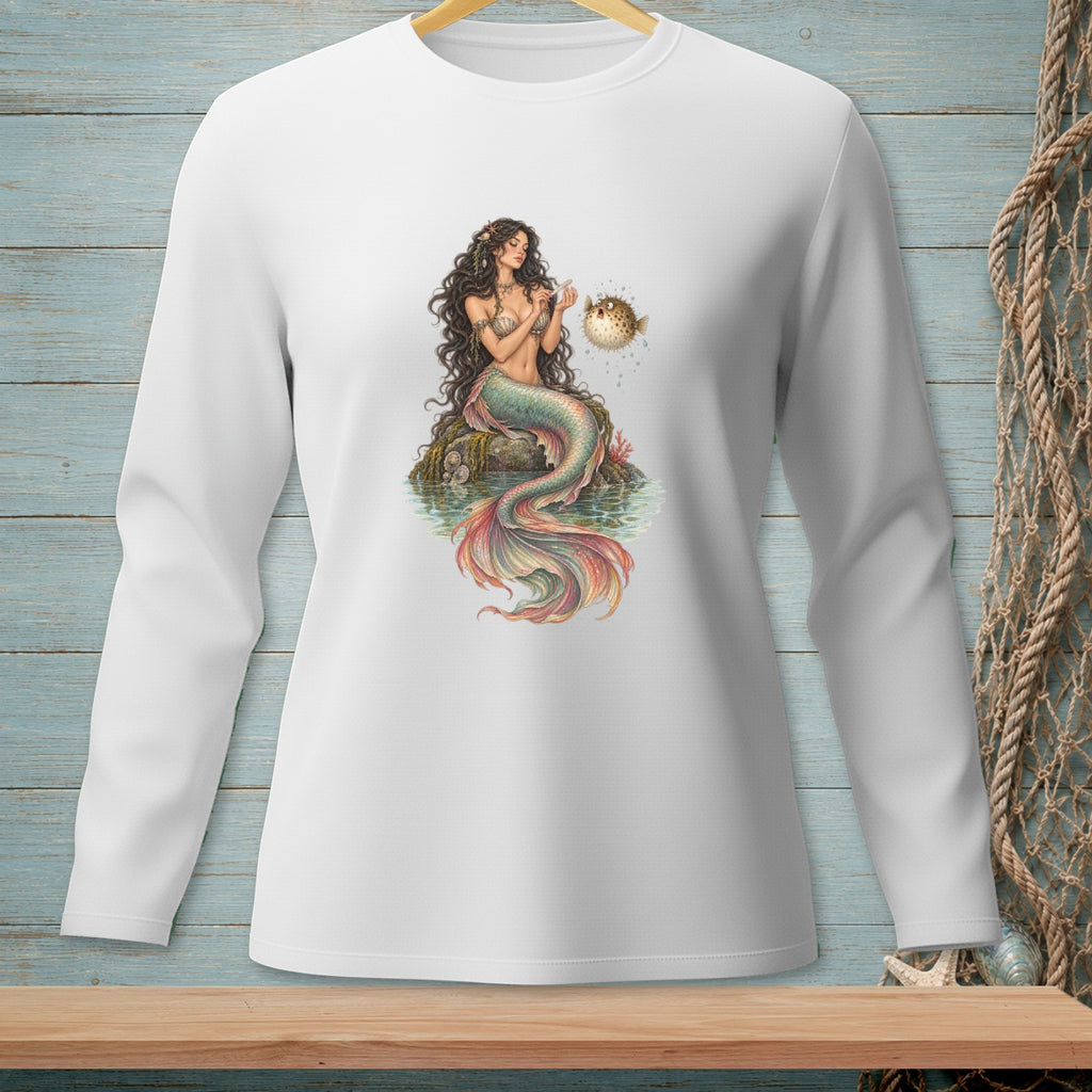 White long-sleeve shirt with a detailed mermaid and pufferfish illustration on the chest.
