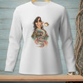 White long-sleeve shirt with a detailed mermaid and pufferfish illustration on the chest.